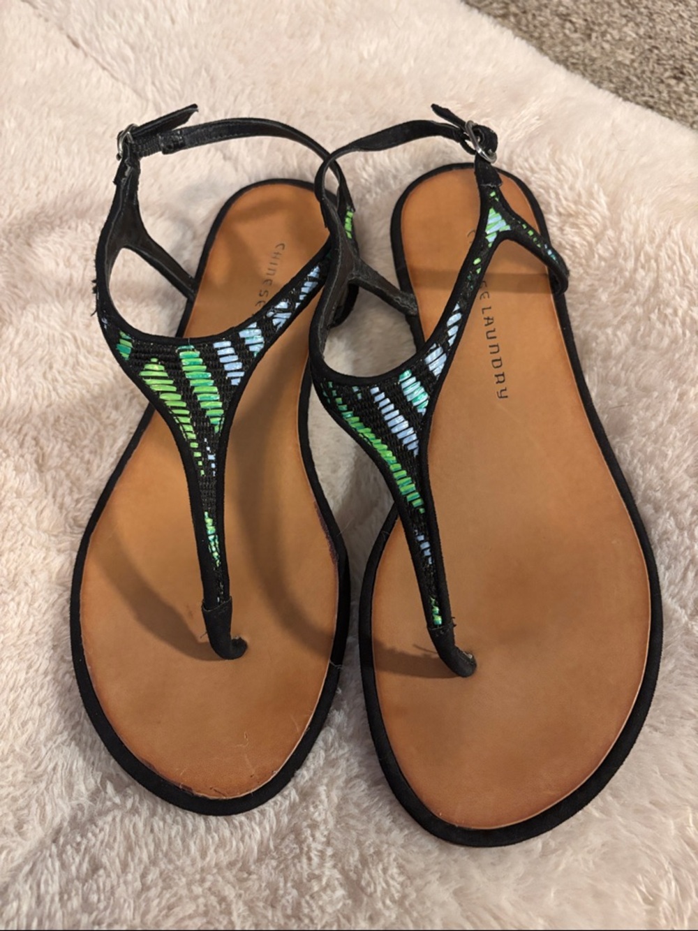 Chinese Laundry Black T-Strap Sandals with Green and Blue Accents